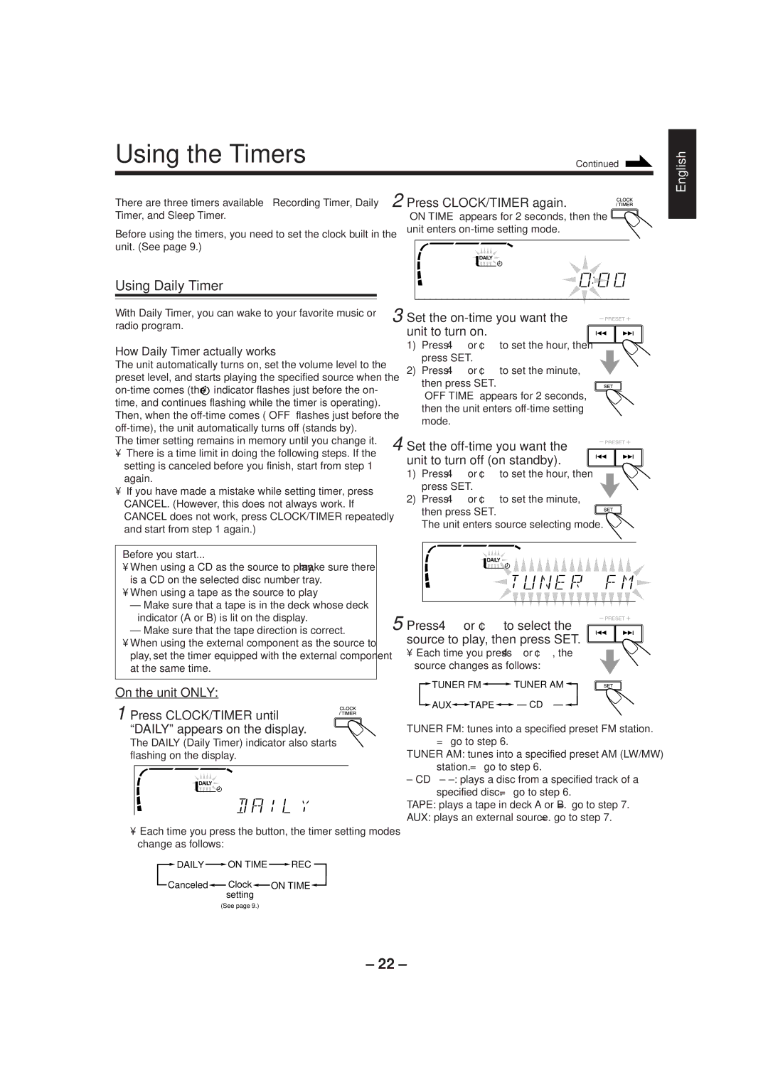 JVC CA-MXJ500 manual Using the Timers, Using Daily Timer 