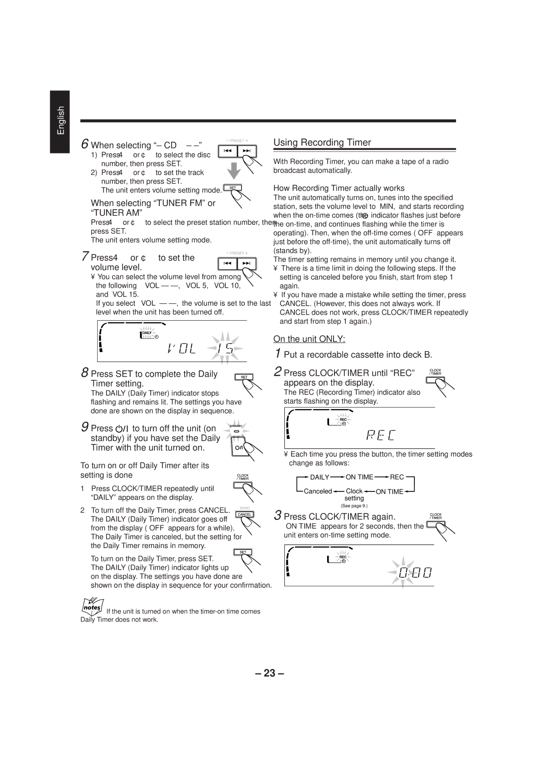 JVC CA-MXJ500 manual Using Recording Timer, When selecting CD, When selecting Tuner FM or Tuner AM 