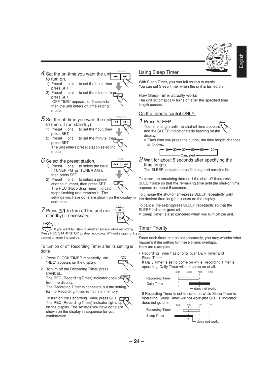 JVC CA-MXJ500 manual Using Sleep Timer, Timer Priority 