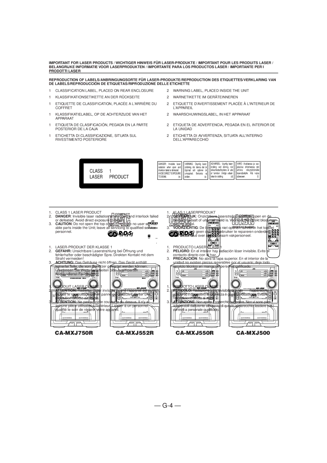 JVC CA-MXJ500 manual Class Laser Product 