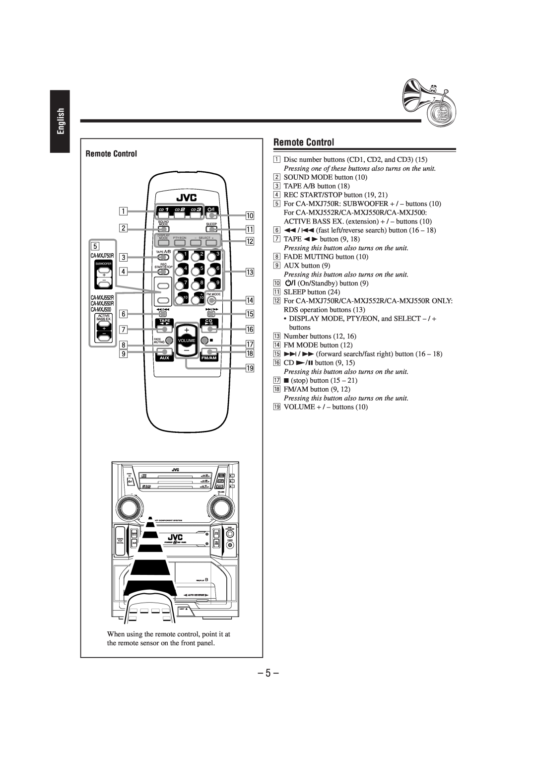 JVC CA-MXJ500 manual Remote Control, English 