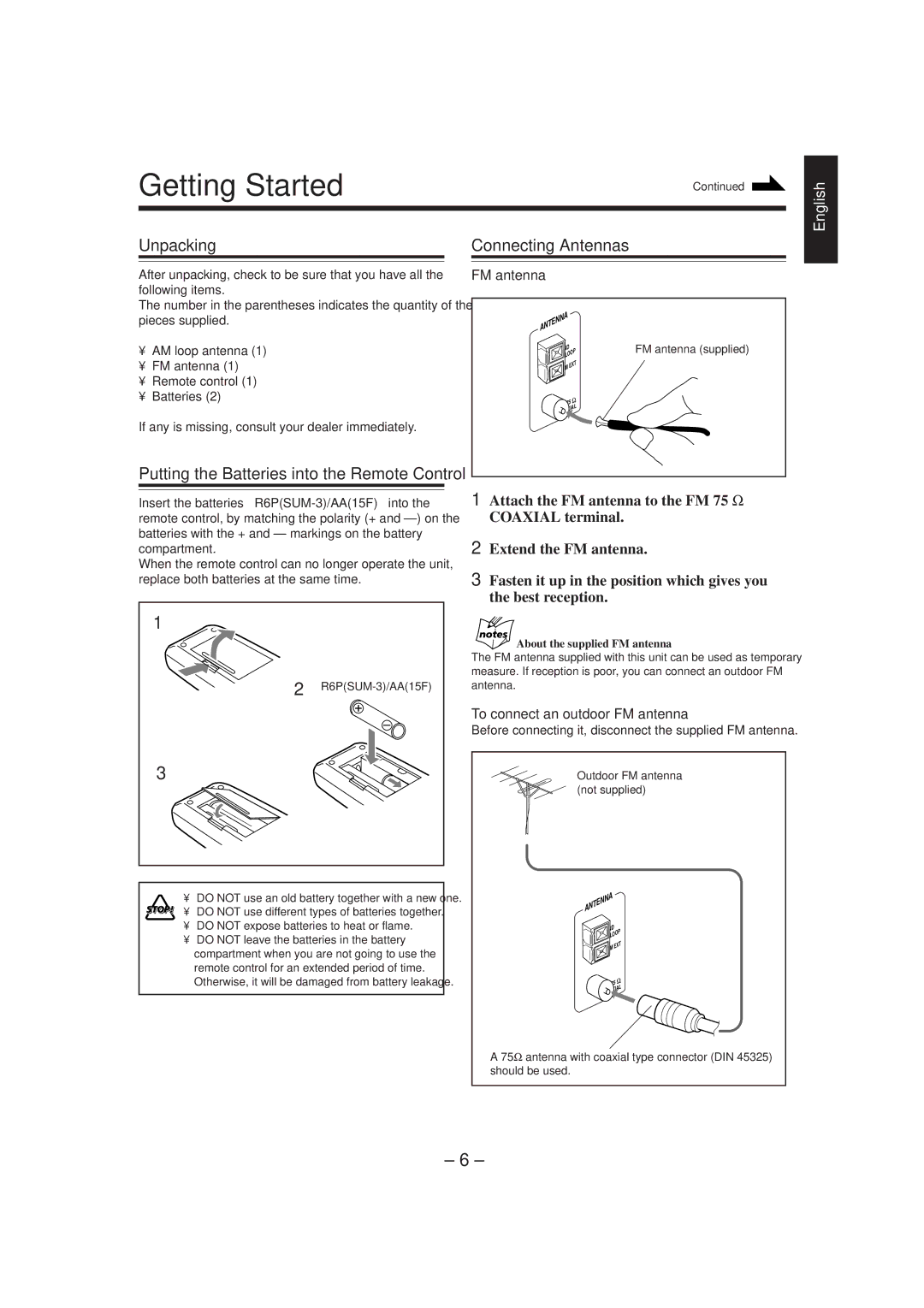 JVC CA-MXJ55R, CA-MXJ530R manual Getting Started, Unpacking, Connecting Antennas, To connect an outdoor FM antenna 