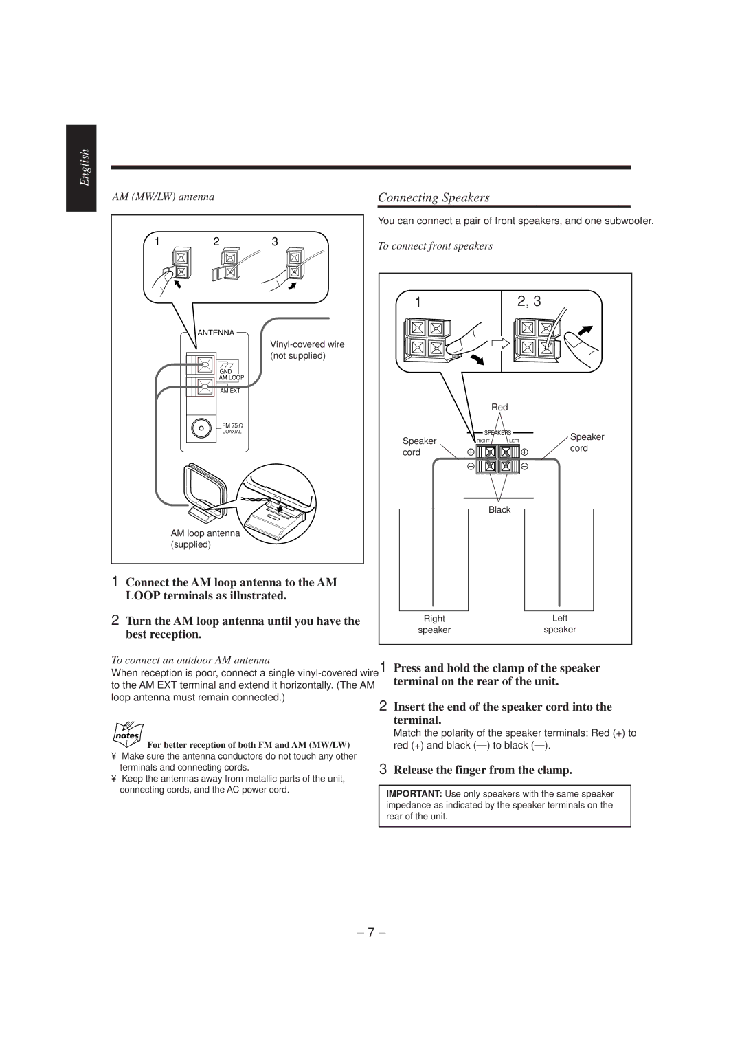 JVC CA-MXJ530R manual Connecting Speakers, Release the finger from the clamp, AM MW/LW antenna, To connect front speakers 