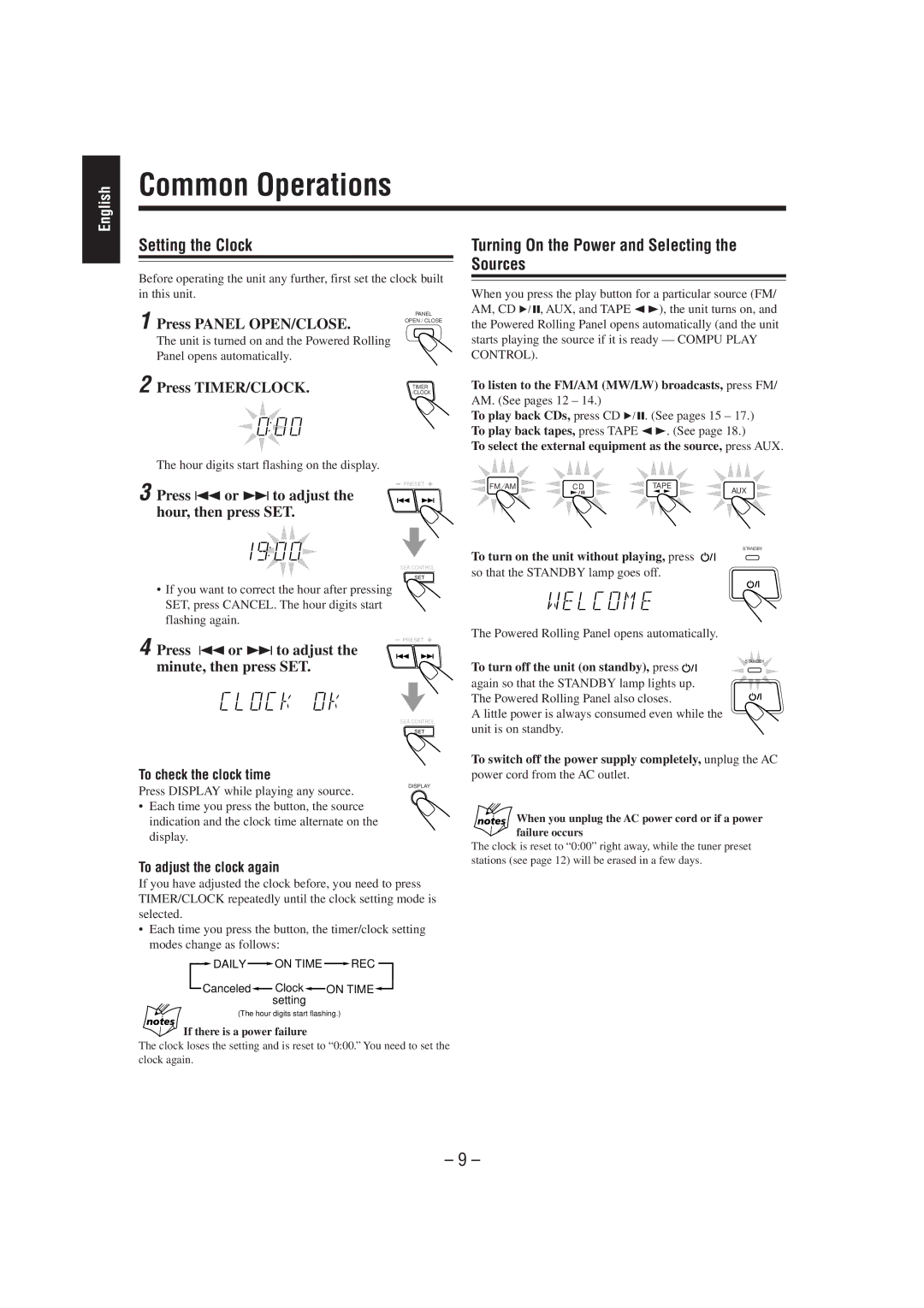 JVC CA-MXJ530R, CA-MXJ55R manual Common Operations, Setting the Clock, Turning On the Power and Selecting the Sources 