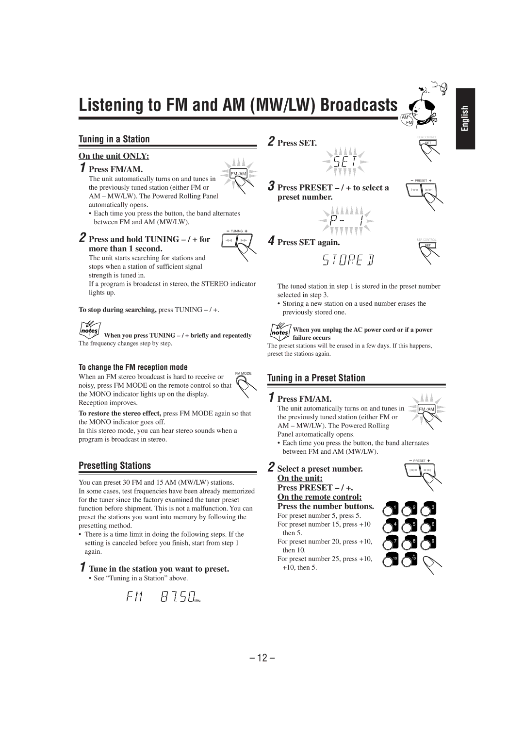 JVC CA-MXJ55R, CA-MXJ530R manual Tuning in a Station, Tuning in a Preset Station, Presetting Stations 