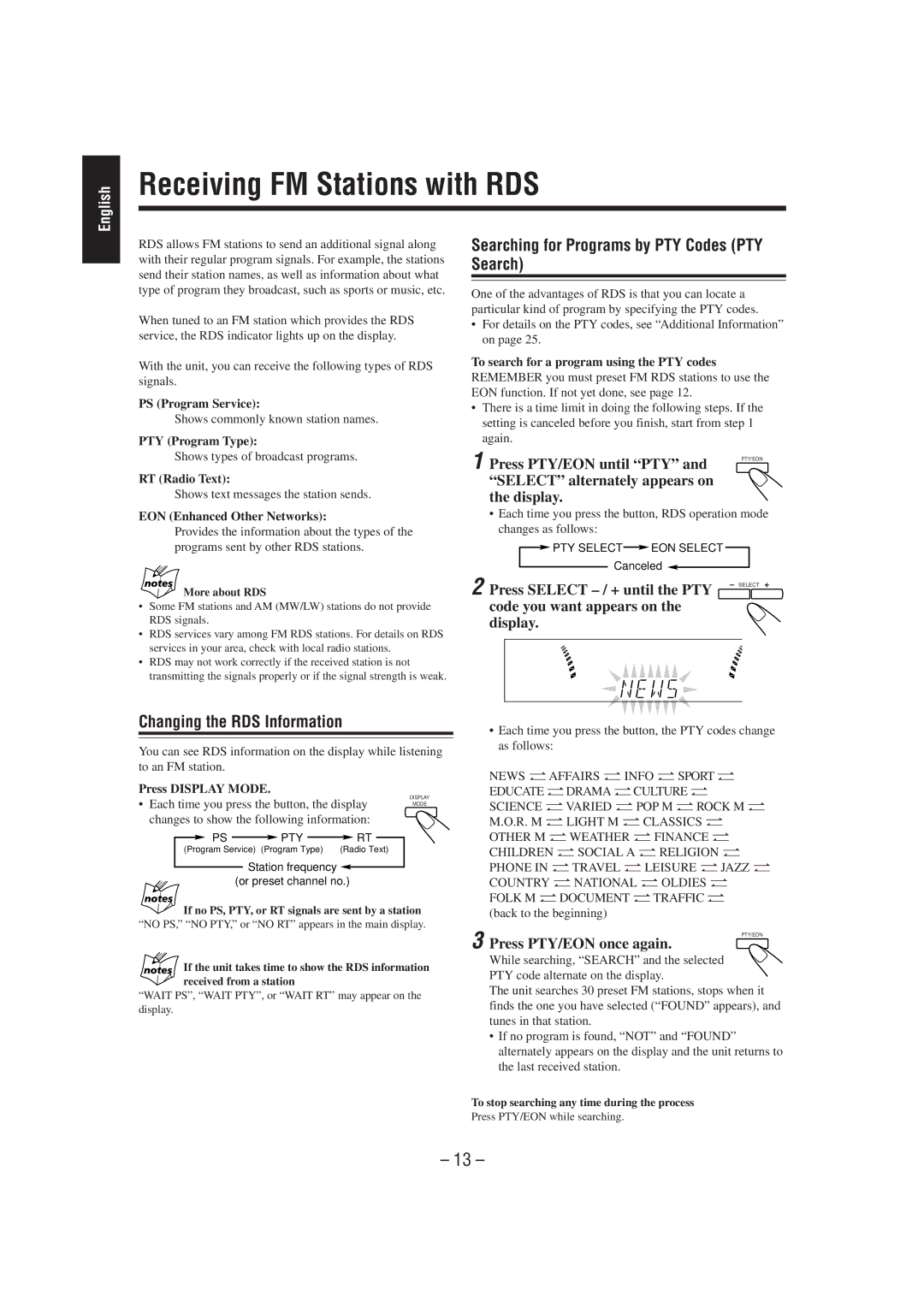 JVC CA-MXJ530R, CA-MXJ55R manual Receiving FM Stations with RDS, Searching for Programs by PTY Codes PTY Search 