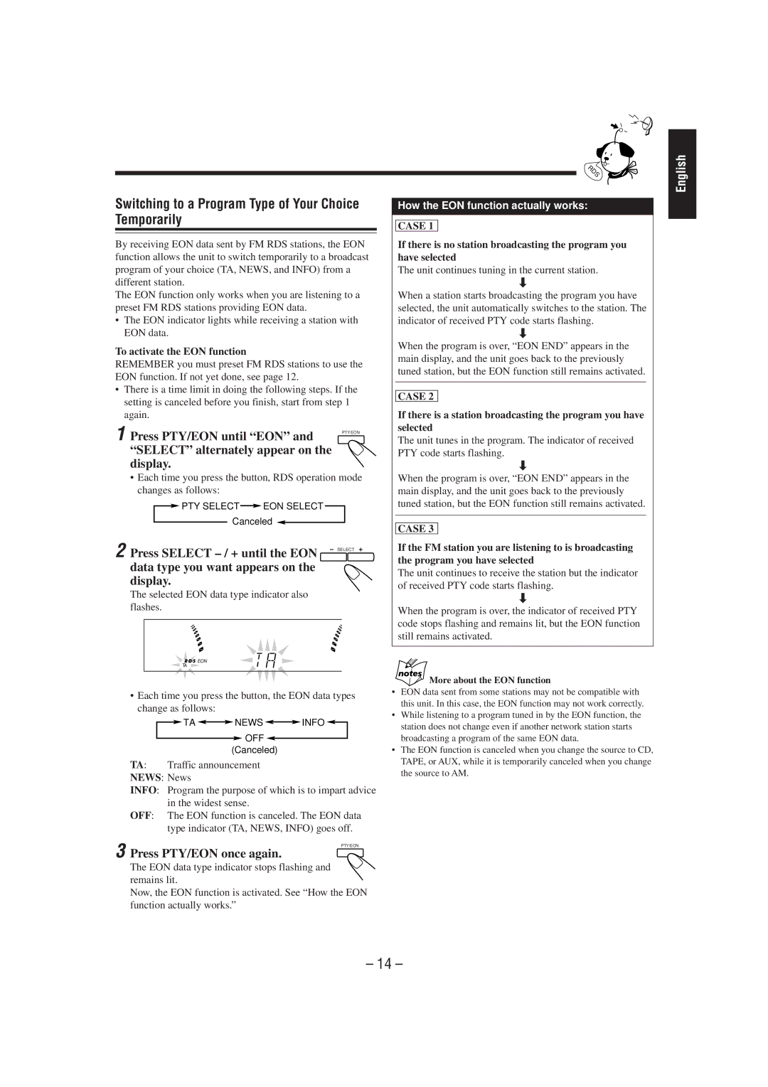 JVC CA-MXJ55R, CA-MXJ530R manual Switching to a Program Type of Your Choice Temporarily, Press PTY/EON until EON 