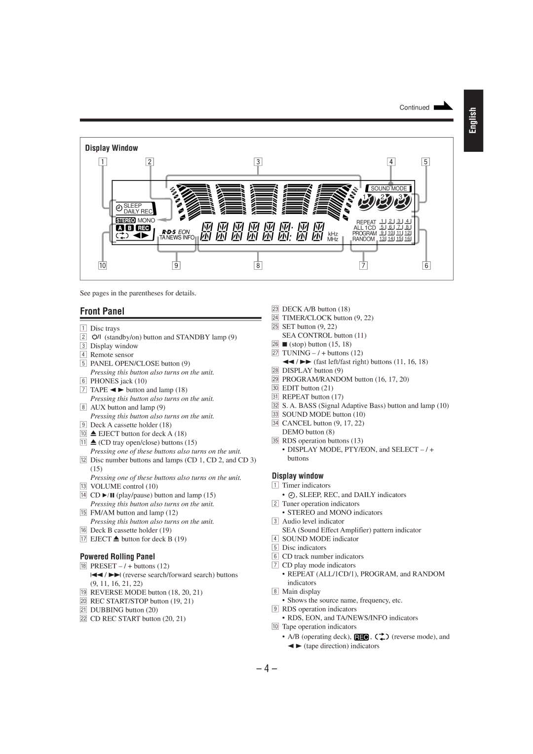 JVC CA-MXJ55R, CA-MXJ530R Front Panel, Display Window, See pages in the parentheses for details, Eject 0 button for deck B 