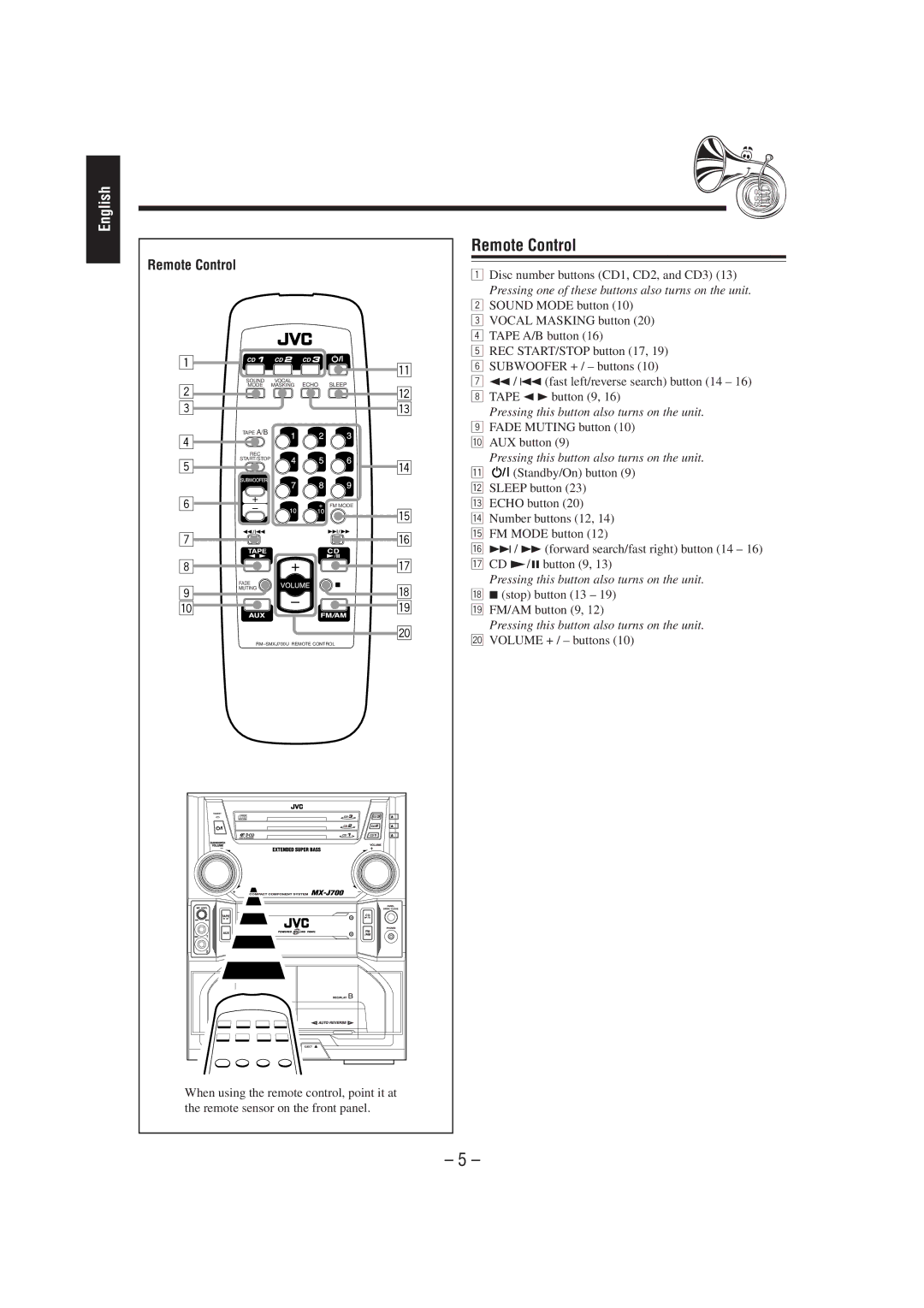 JVC CA-MXJ700, GVT0030-003A manual Remote Control 