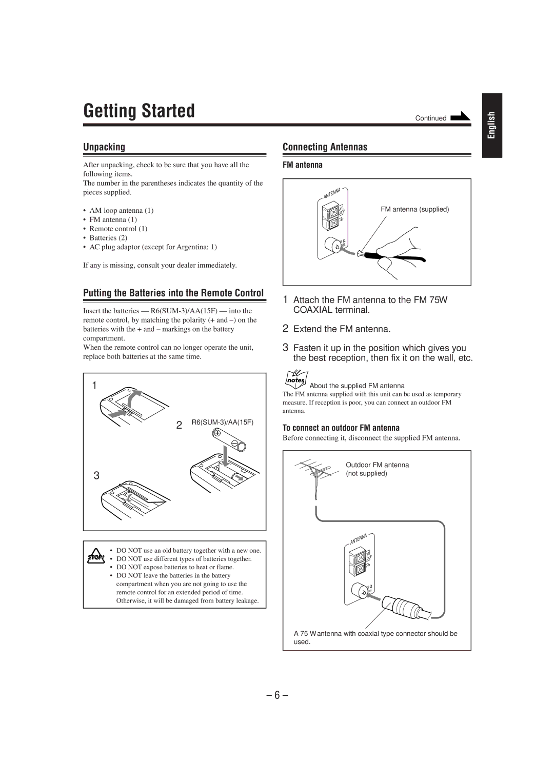 JVC GVT0030-003A, CA-MXJ700 manual Getting Started, Unpacking, Connecting Antennas, To connect an outdoor FM antenna 