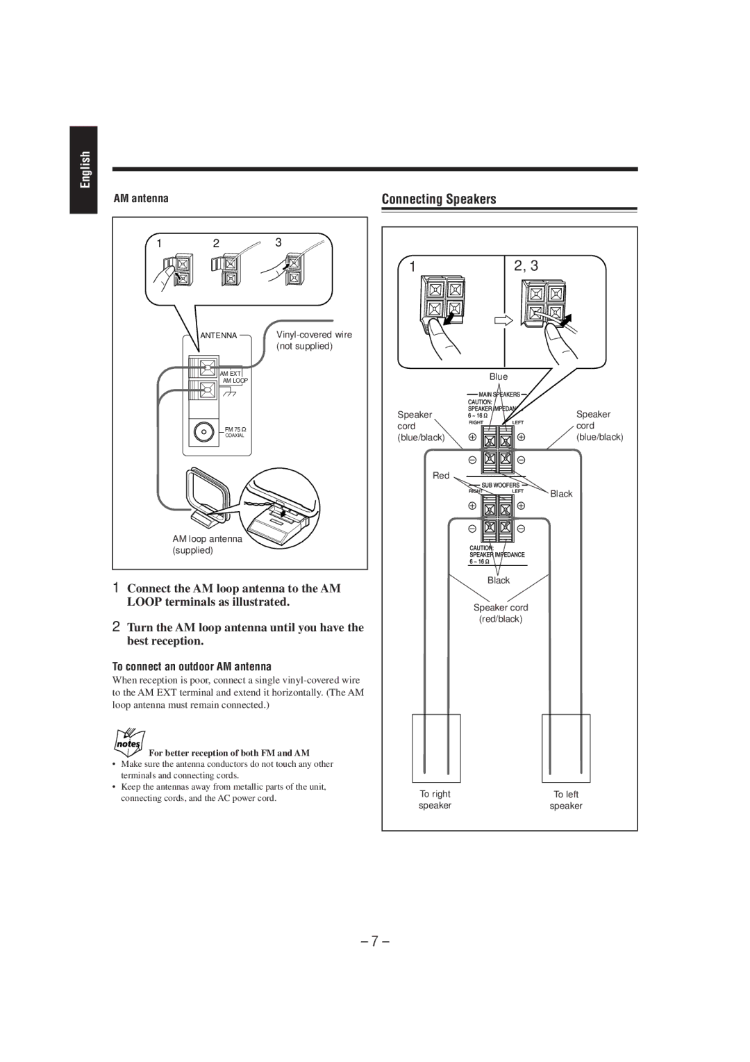 JVC CA-MXJ700 manual Connecting Speakers, To connect an outdoor AM antenna, For better reception of both FM and AM 