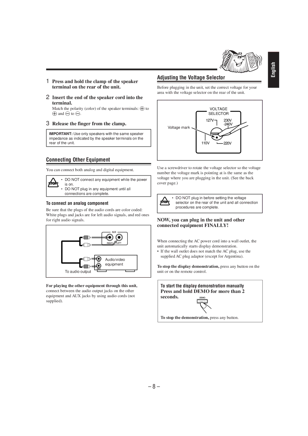 JVC GVT0030-003A, CA-MXJ700 Connecting Other Equipment, Adjusting the Voltage Selector, Release the finger from the clamp 