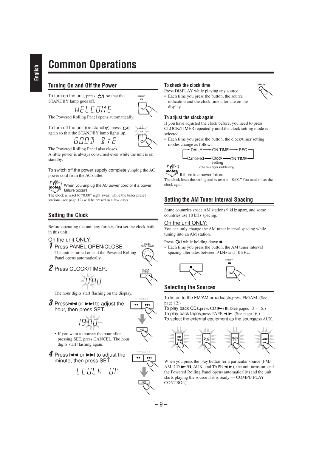 JVC CA-MXJ700 Common Operations, Turning On and Off the Power, Setting the Clock, Setting the AM Tuner Interval Spacing 