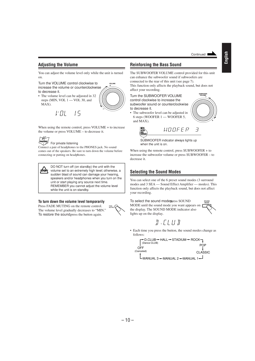 JVC GVT0030-003A manual Adjusting the Volume, Reinforcing the Bass Sound, Selecting the Sound Modes, For private listening 