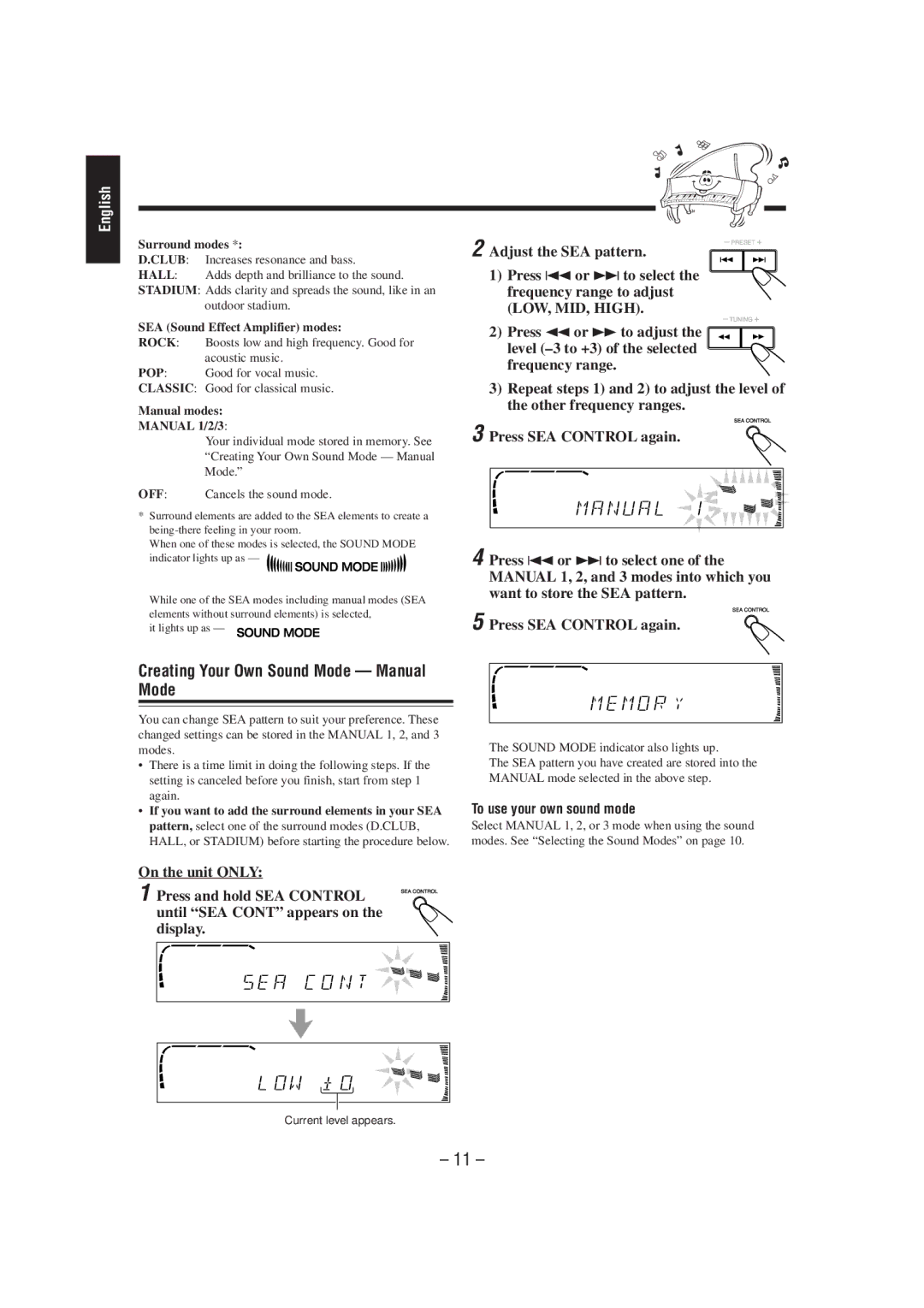 JVC CA-MXJ700, GVT0030-003A manual Creating Your Own Sound Mode Manual Mode, To use your own sound mode, Surround modes 