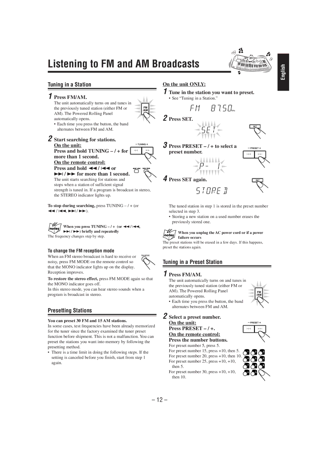 JVC GVT0030-003A Listening to FM and AM Broadcasts, Tuning in a Station, Presetting Stations, Tuning in a Preset Station 