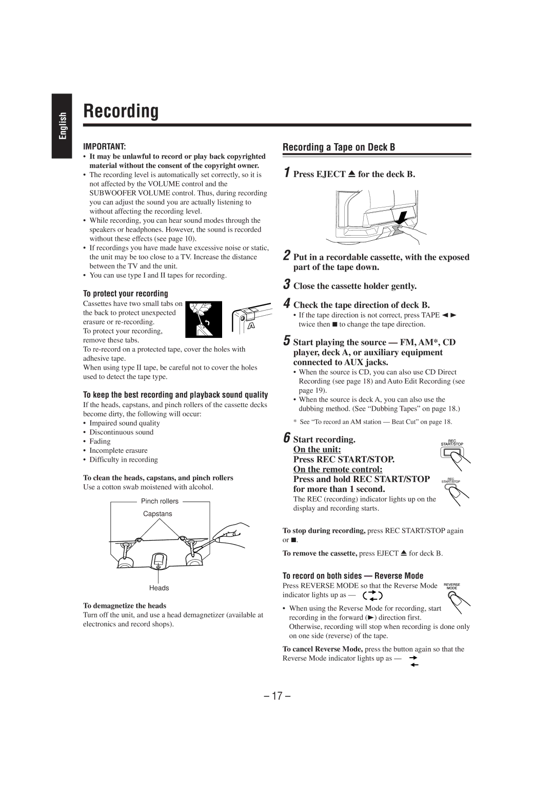 JVC CA-MXJ700, GVT0030-003A manual Recording a Tape on Deck B, To record on both sides Reverse Mode 