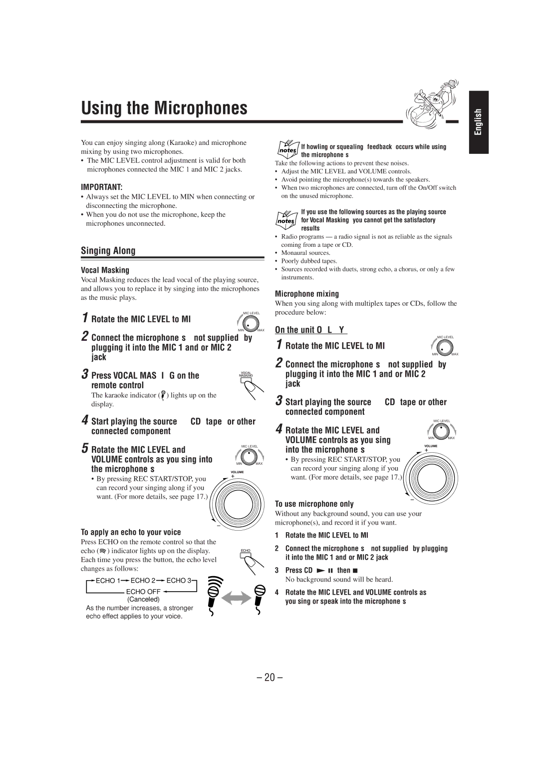 JVC GVT0030-003A, CA-MXJ700 manual Using the Microphones, Singing Along 