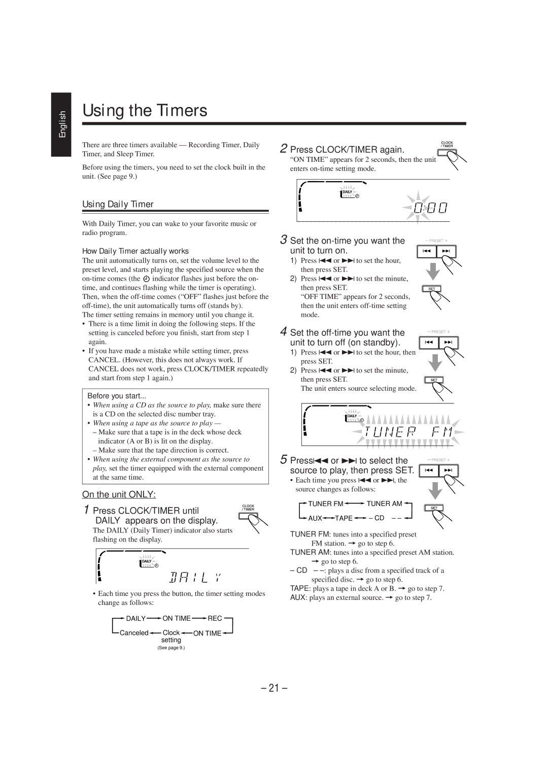 JVC CA-MXJ700, GVT0030-003A manual Using the Timers, Using Daily Timer 