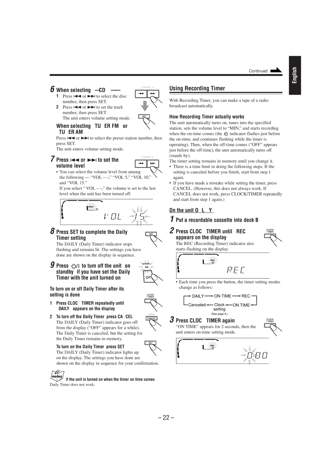 JVC GVT0030-003A, CA-MXJ700 manual Using Recording Timer, When selecting CD, When selecting Tuner FM or Tuner AM 