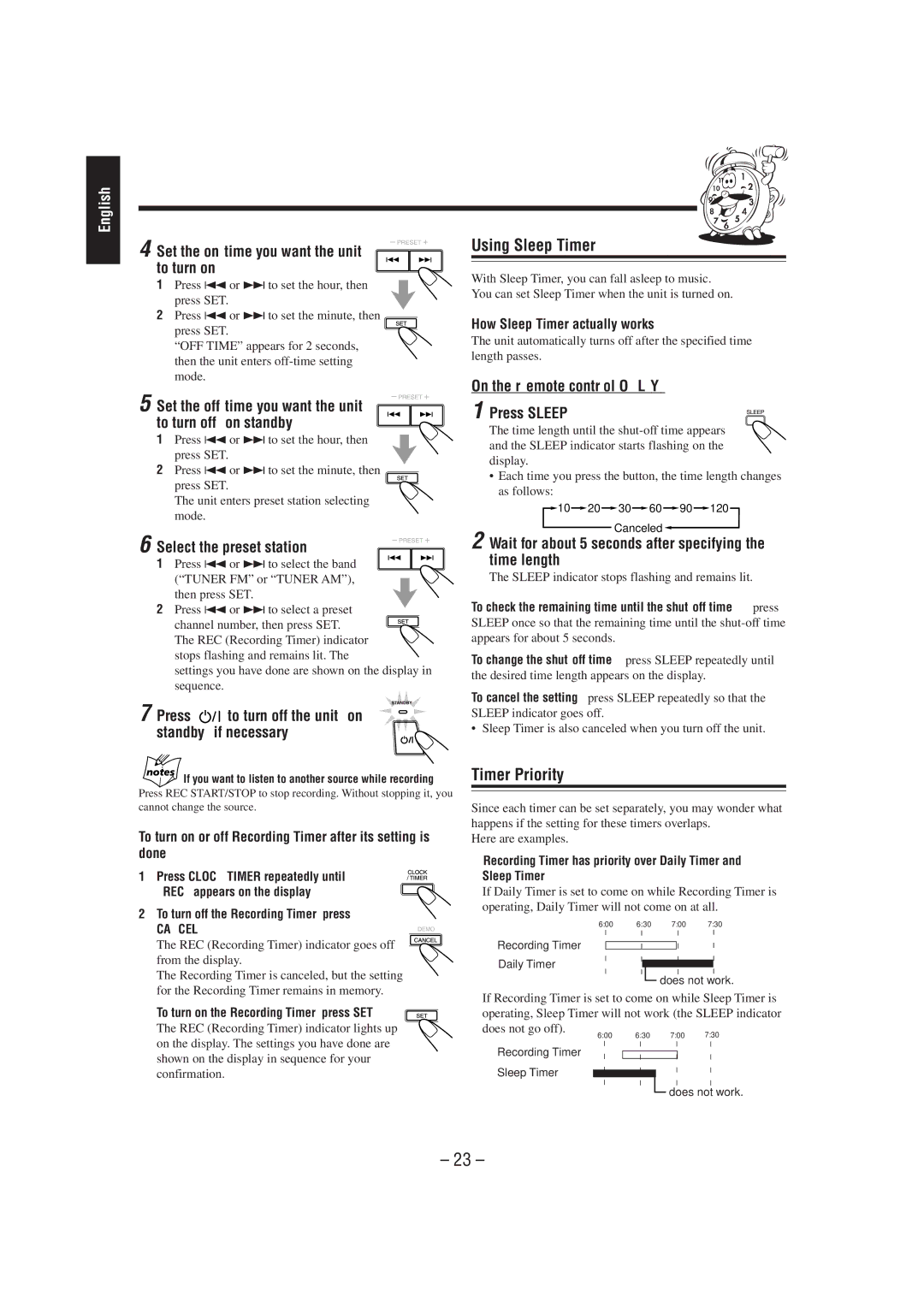 JVC CA-MXJ700, GVT0030-003A manual Using Sleep Timer, Timer Priority 