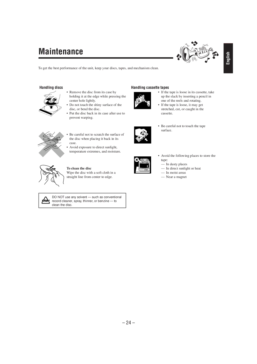 JVC GVT0030-003A, CA-MXJ700 manual Maintenance, Handling discs, Handling cassette tapes, To clean the disc 