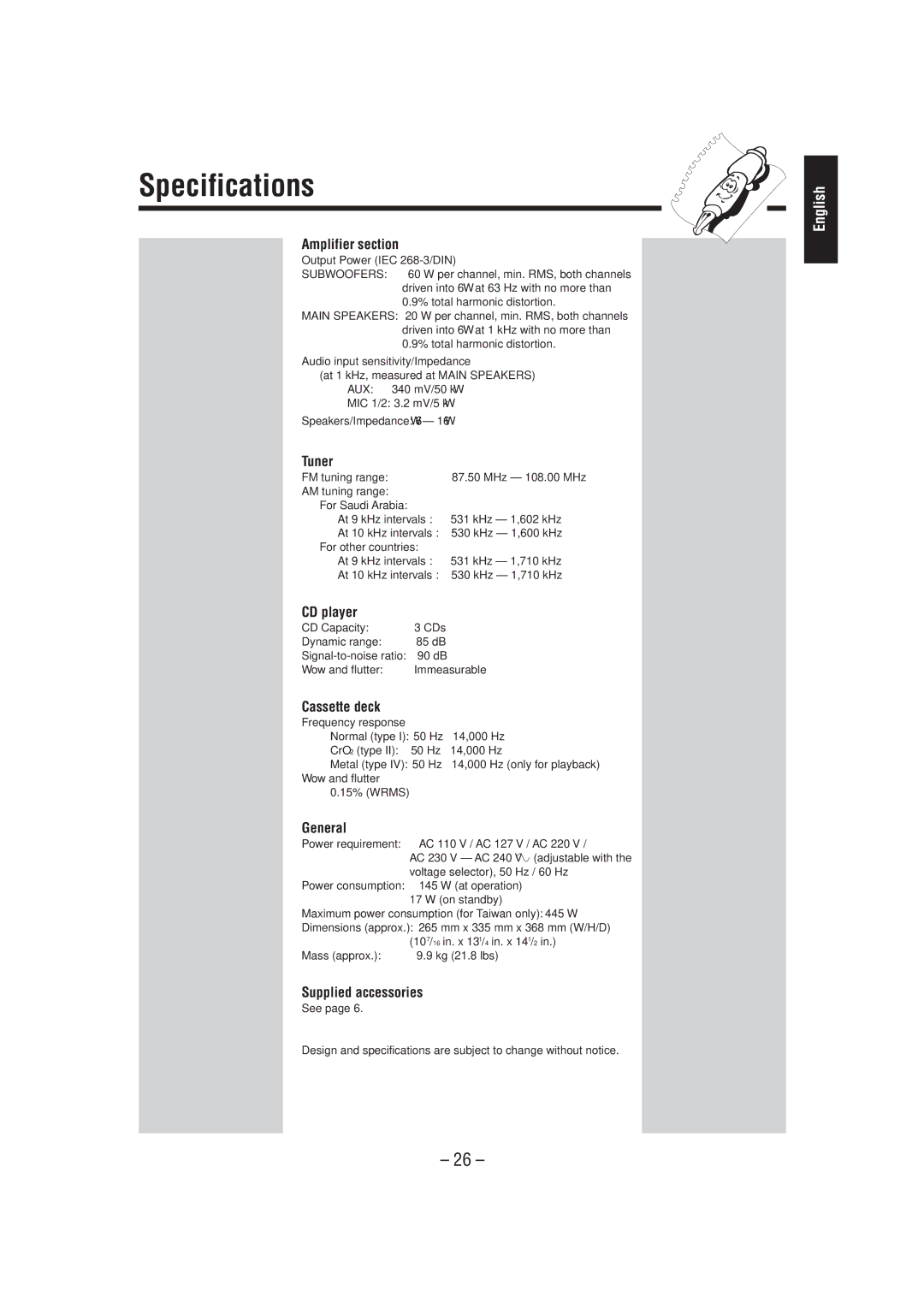 JVC GVT0030-003A, CA-MXJ700 manual Specifications 