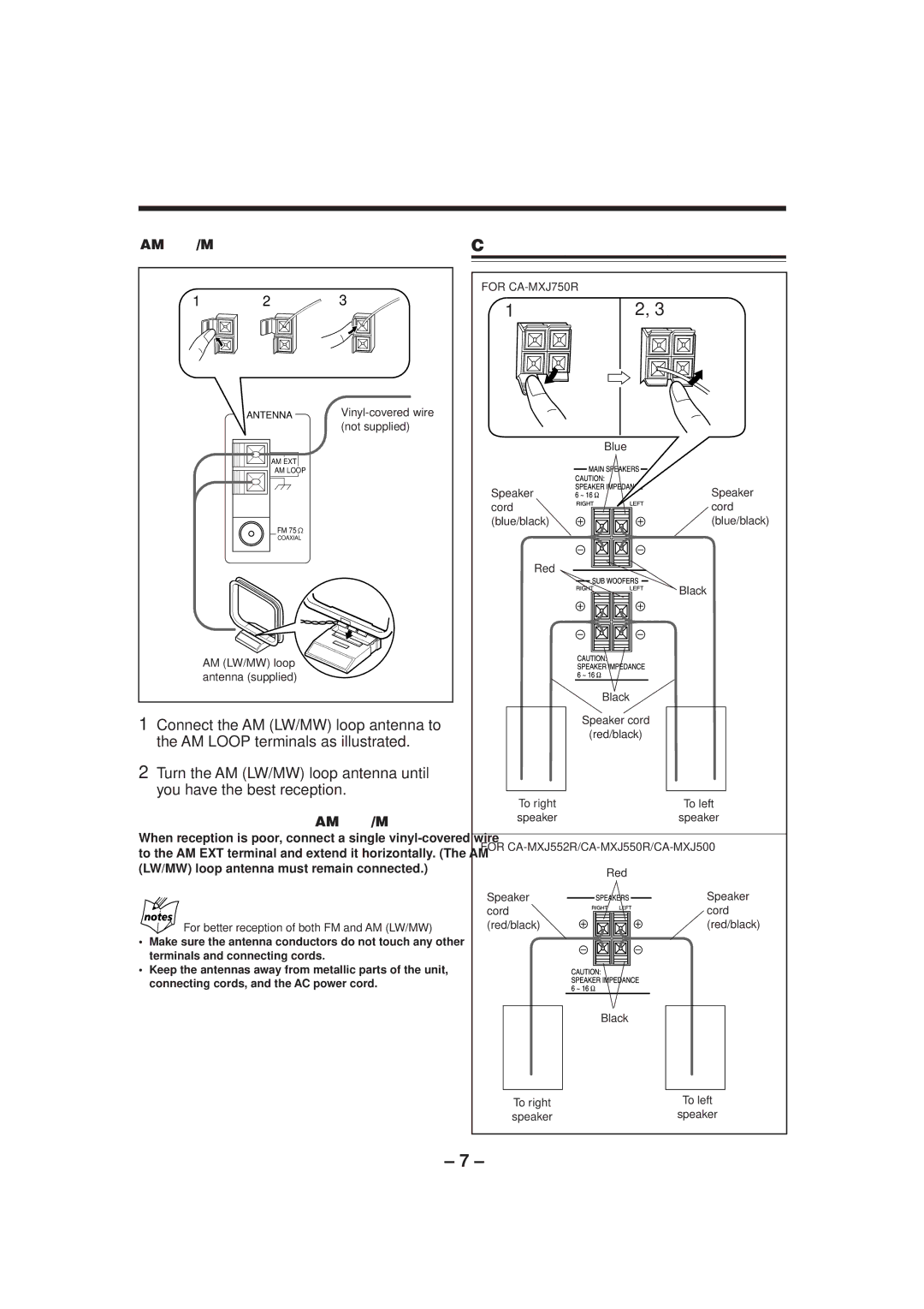 JVC CA-MXJ550R, CA-MXJ750R, CA-MXJ552R, CA-MXJ50 manual Connecting Speakers, To connect an outdoor AM LW/MW antenna 