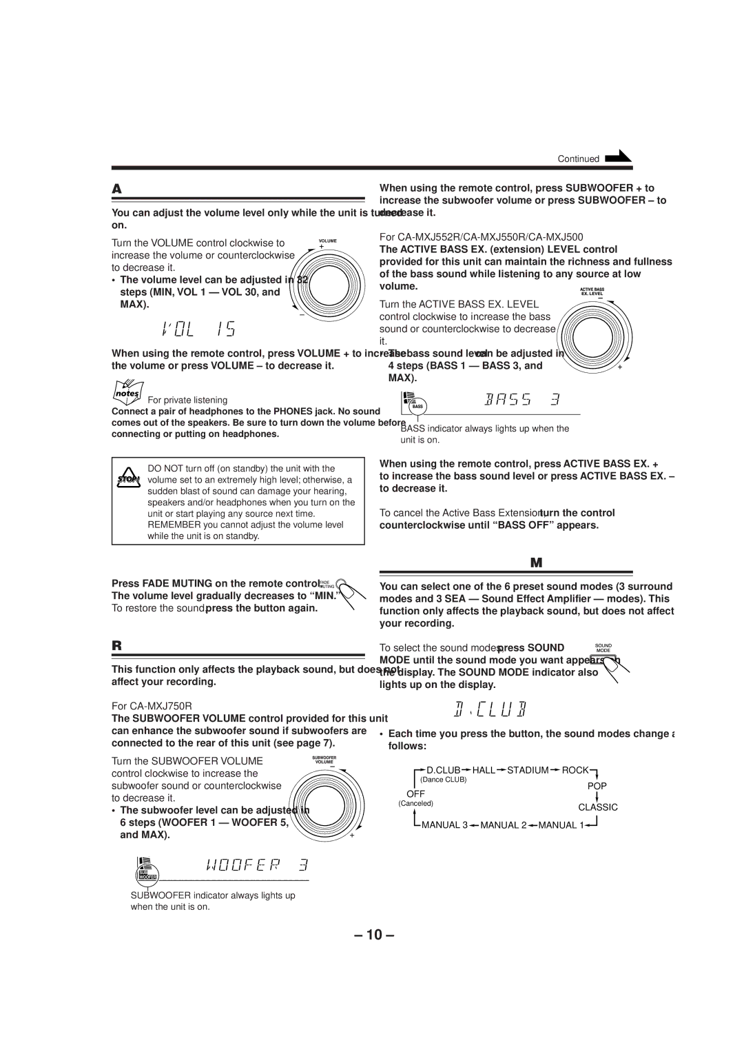 JVC CA-MXJ552R manual Adjusting the Volume, Reinforcing the Bass Sound, Selecting the Sound Modes, For private listening 