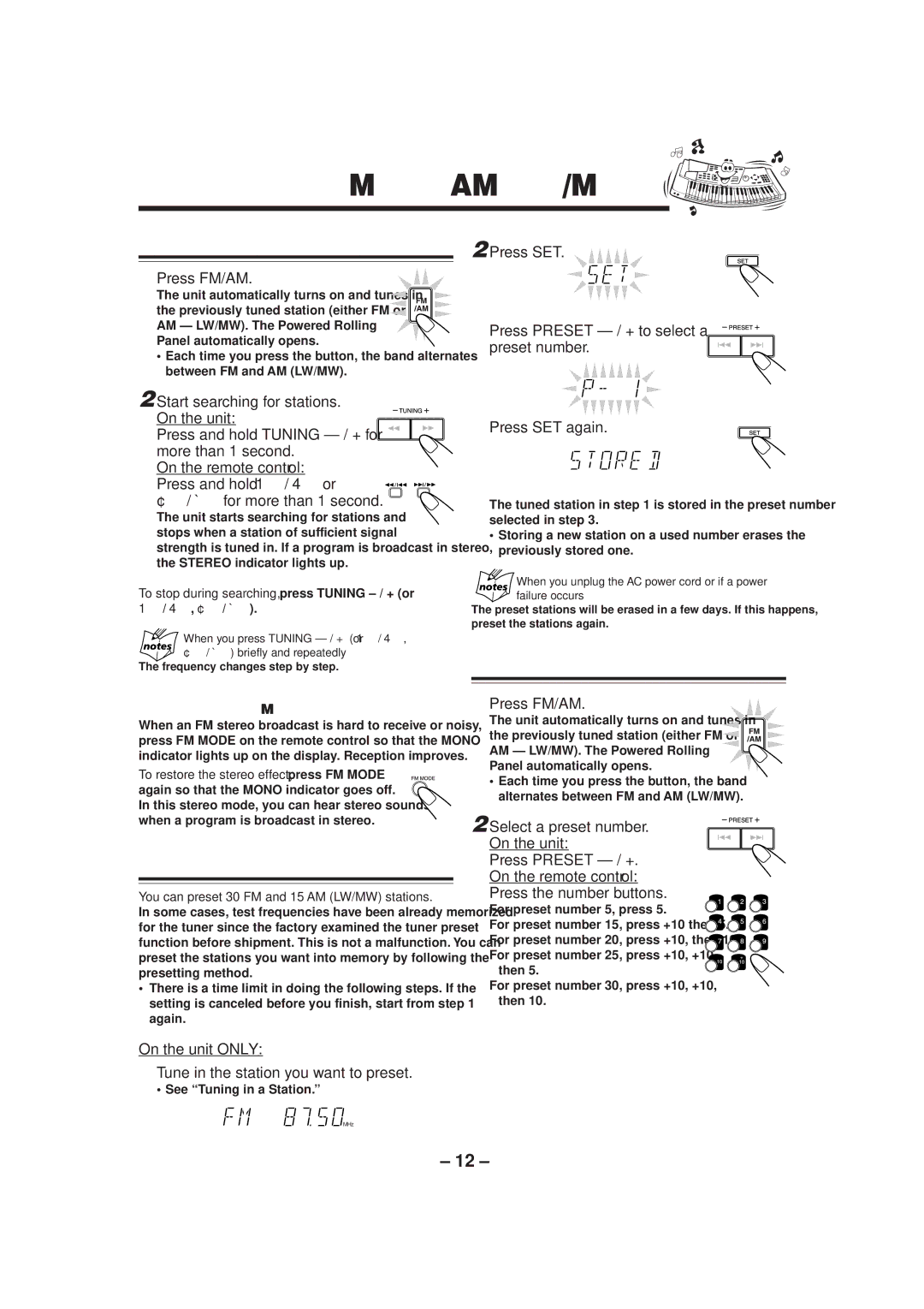 JVC CA-MXJ50, CA-MXJ750R, CA-MXJ552R, CA-MXJ550R manual Tuning in a Station, Presetting Stations, Tuning in a Preset Station 