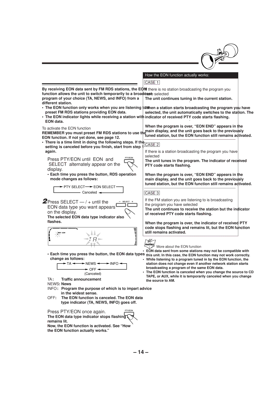 JVC CA-MXJ552R, CA-MXJ750R, CA-MXJ550R Switching to a Program Type of Your Choice Temporarily, To activate the EON function 