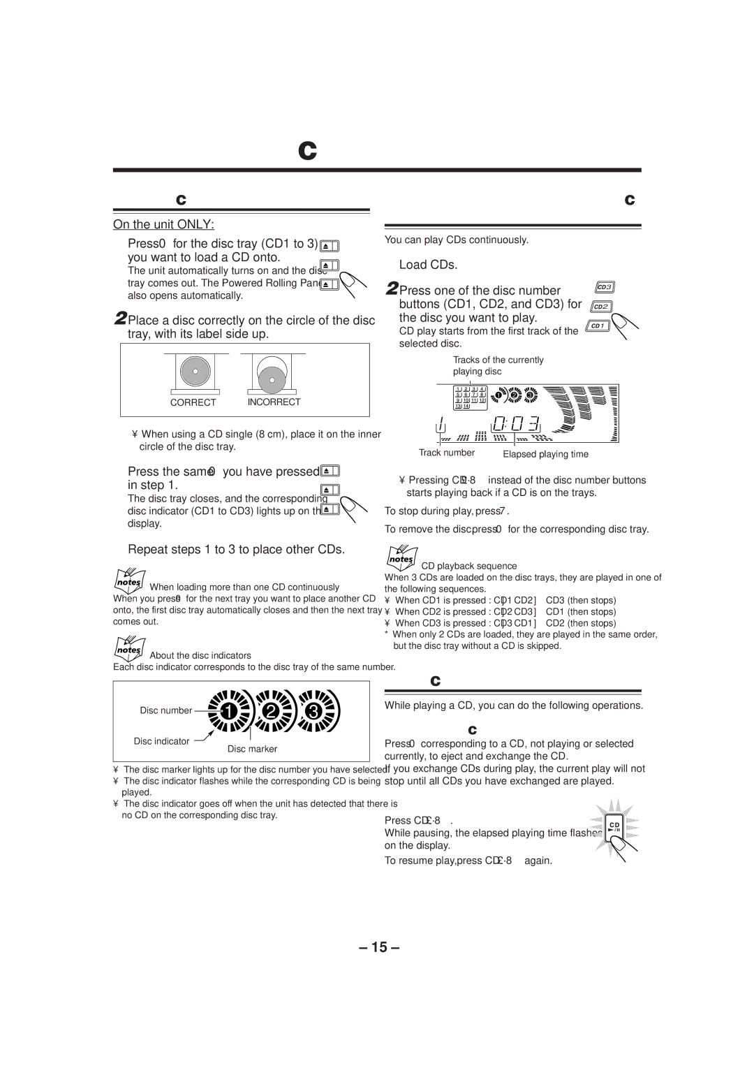 JVC CA-MXJ550R, CA-MXJ50 Playing Back CDs, Loading CDs, Playing Back the Entire Discs Continuous Play, Basic CD Operations 