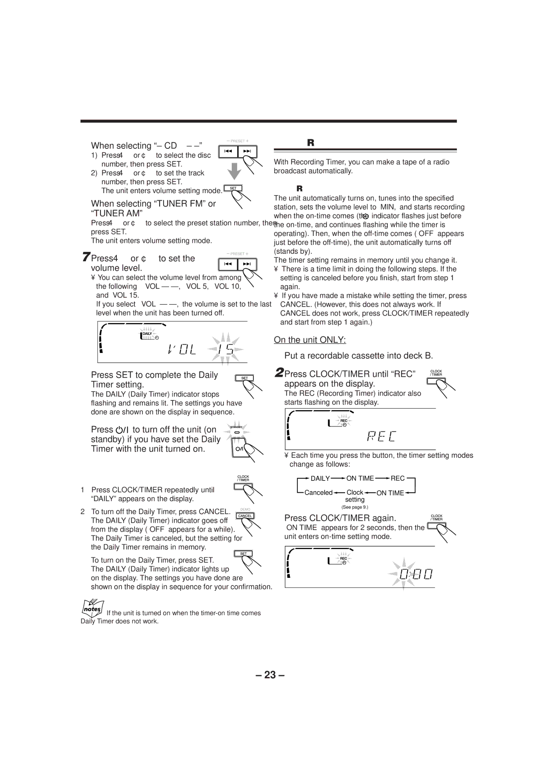 JVC CA-MXJ550R, CA-MXJ750R, CA-MXJ552R manual Using Recording Timer, When selecting CD, When selecting Tuner FM or Tuner AM 