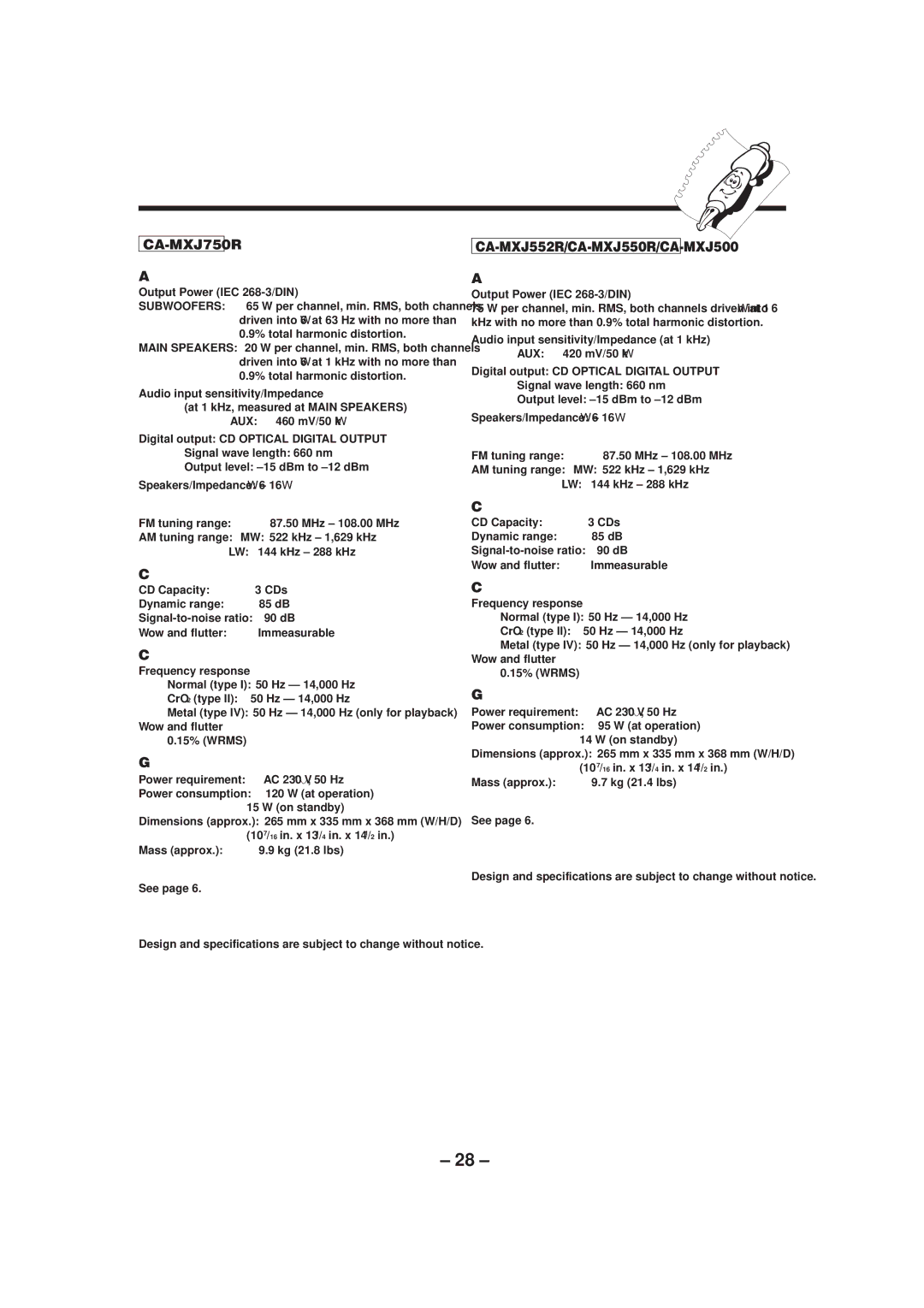 JVC CA-MXJ50, CA-MXJ750R, CA-MXJ552R, CA-MXJ550R manual Specifications 