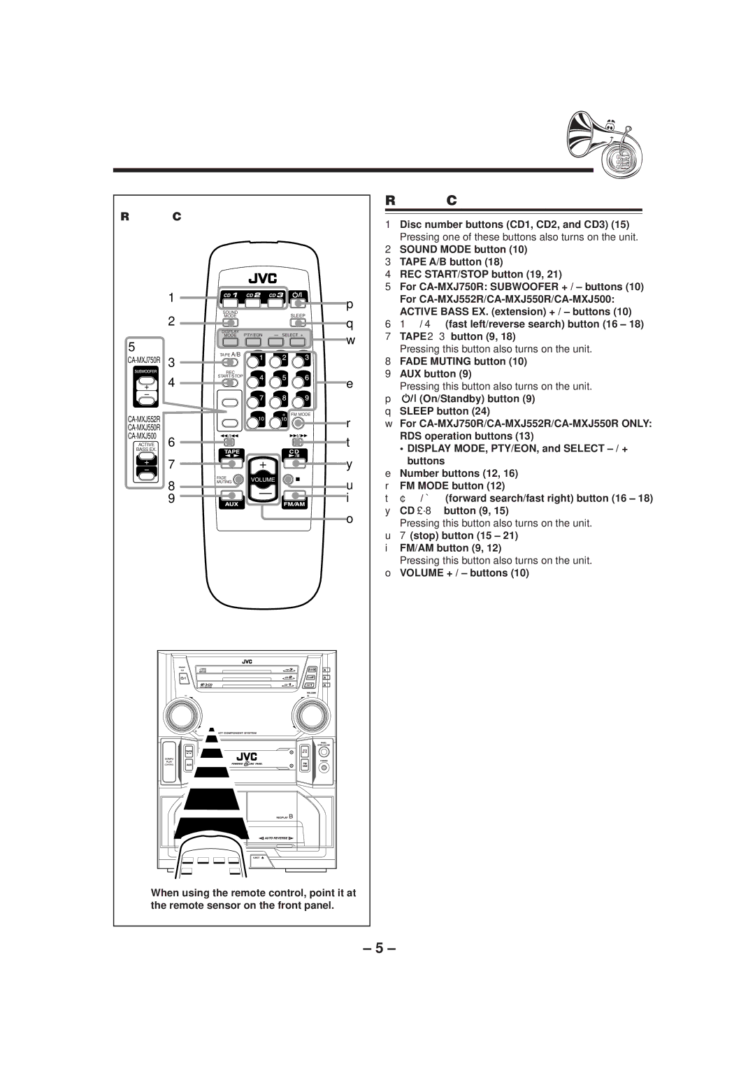 JVC CA-MXJ750R, CA-MXJ552R, CA-MXJ550R, CA-MXJ50 manual Remote Control, Fade Muting button AUX button, FM/AM button 9 