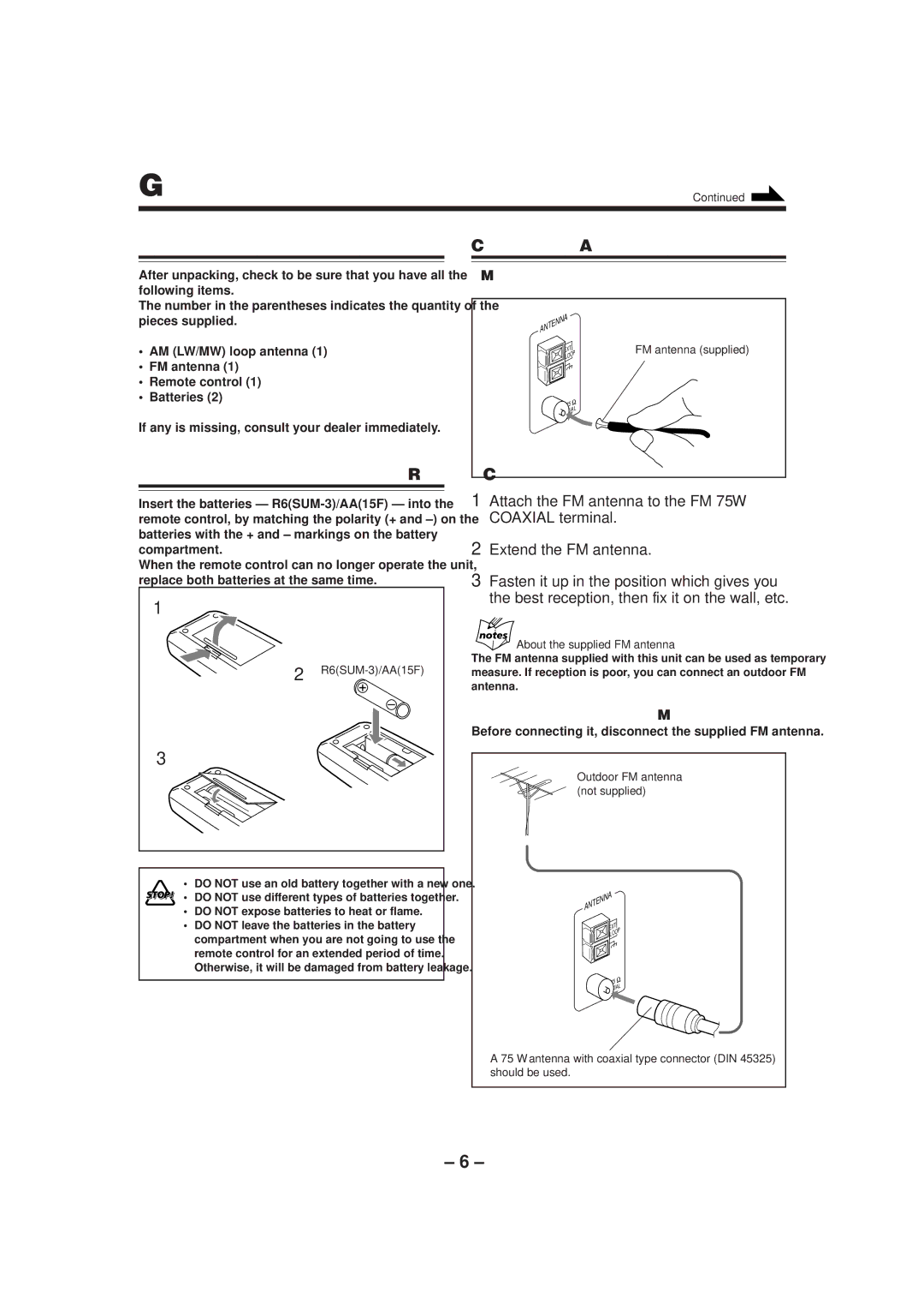 JVC CA-MXJ552R, CA-MXJ750R, CA-MXJ50 Getting Started, Unpacking, Connecting Antennas, To connect an outdoor FM antenna 