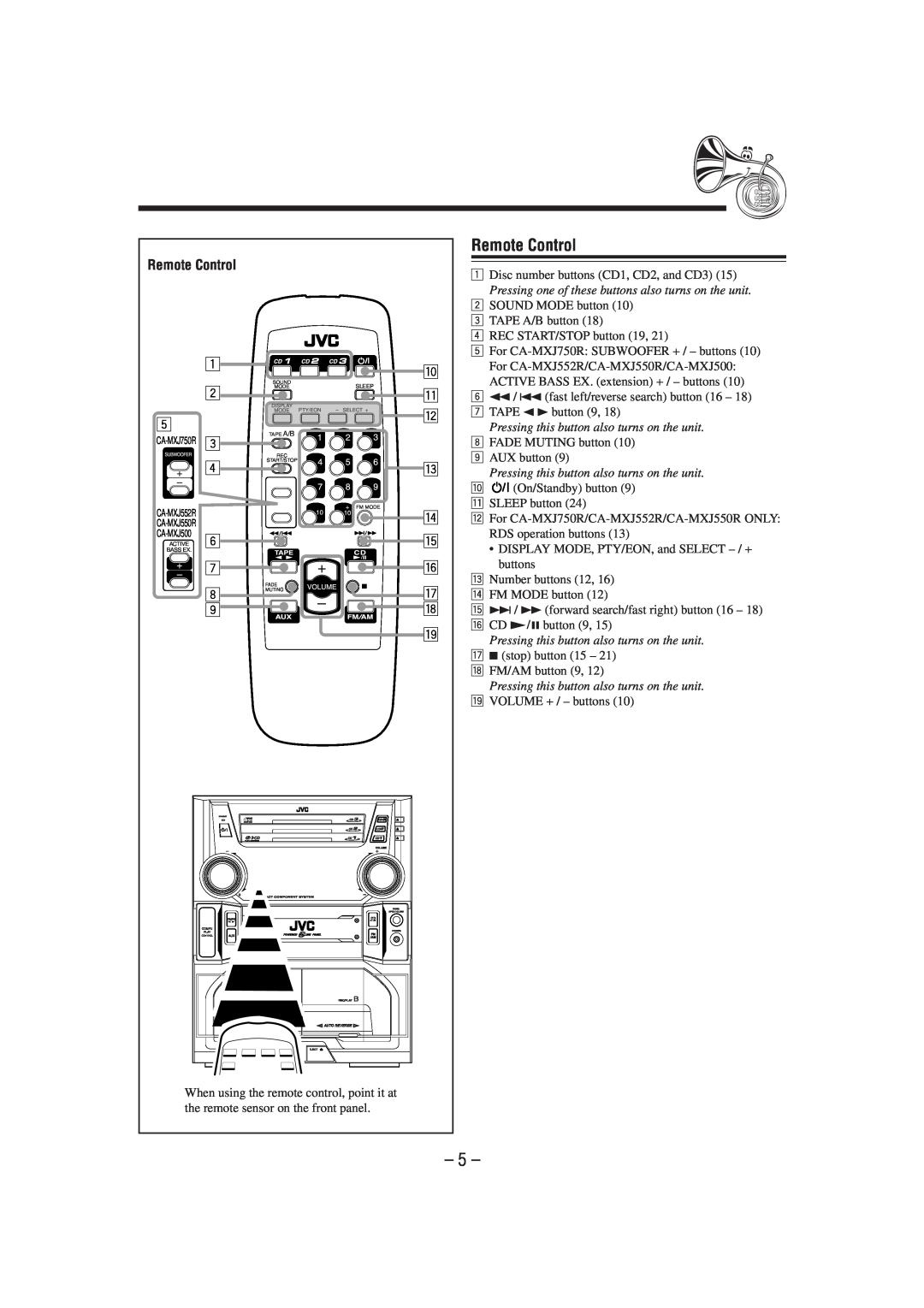 JVC CA-MXJ750R, CA-MXJ552R, CA-MXJ550R, CA-MXJ50 manual Remote Control 