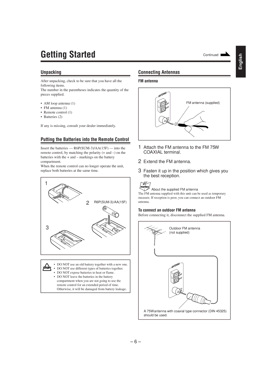 JVC CA-MXJ75R manual Getting Started, Unpacking, Connecting Antennas, To connect an outdoor FM antenna 