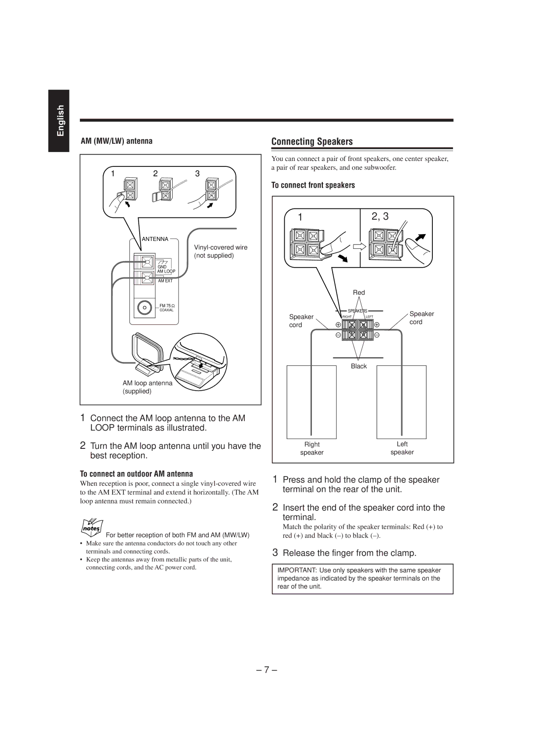 JVC CA-MXJ75R manual Connecting Speakers, Release the finger from the clamp, AM MW/LW antenna, To connect front speakers 