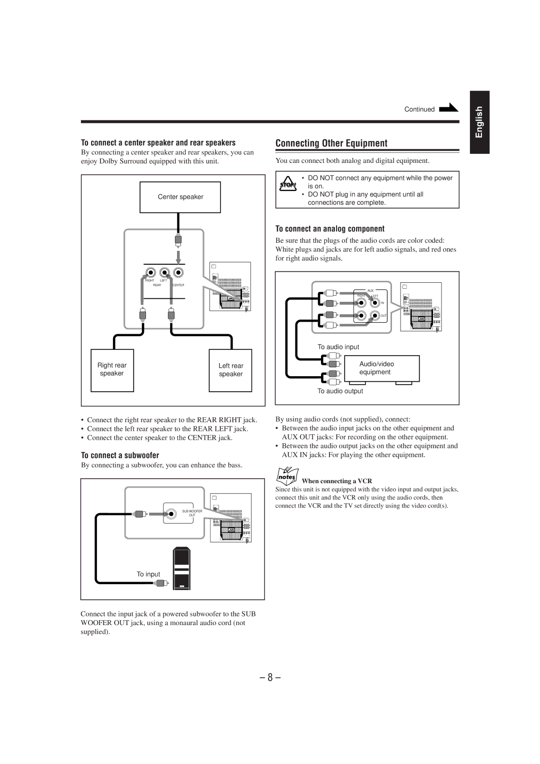 JVC CA-MXJ75R Connecting Other Equipment, To connect a center speaker and rear speakers, To connect an analog component 