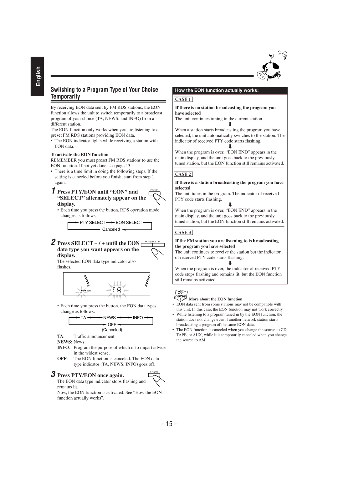 JVC CA-MXJ75R manual Switching to a Program Type of Your Choice Temporarily, Press PTY/EON until EON 