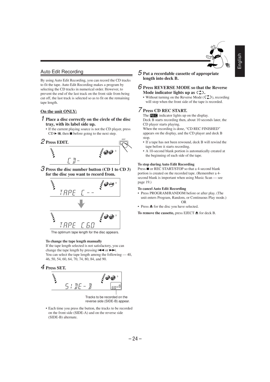 JVC CA-MXJ75R To change the tape length manually, To stop during Auto Edit Recording, To cancel Auto Edit Recording 