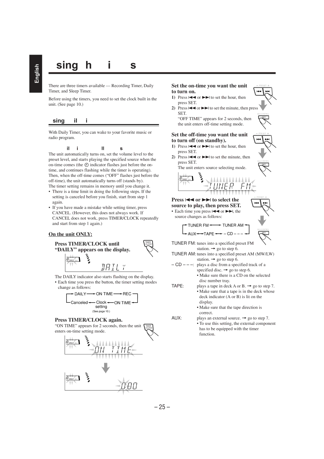 JVC CA-MXJ75R manual Using the Timers, Using Daily Timer 