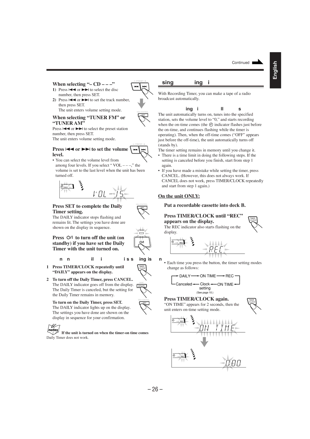 JVC CA-MXJ75R manual Using Recording Timer, When selecting CD, When selecting Tuner FM or Tuner AM 