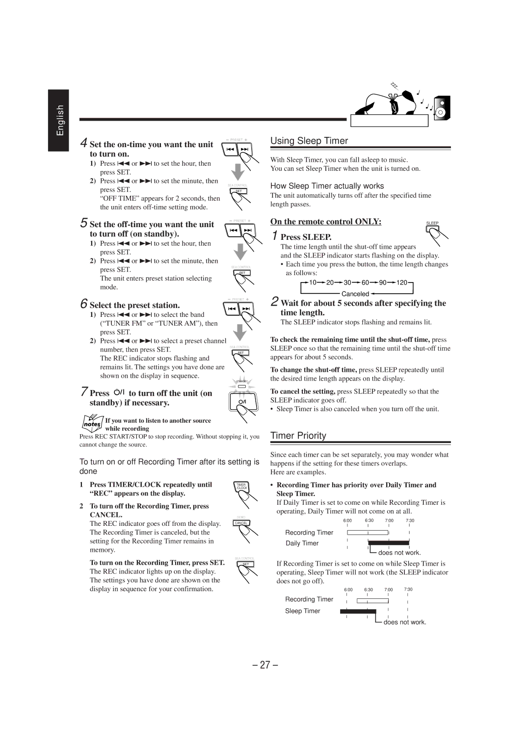 JVC CA-MXJ75R manual Using Sleep Timer, Timer Priority 