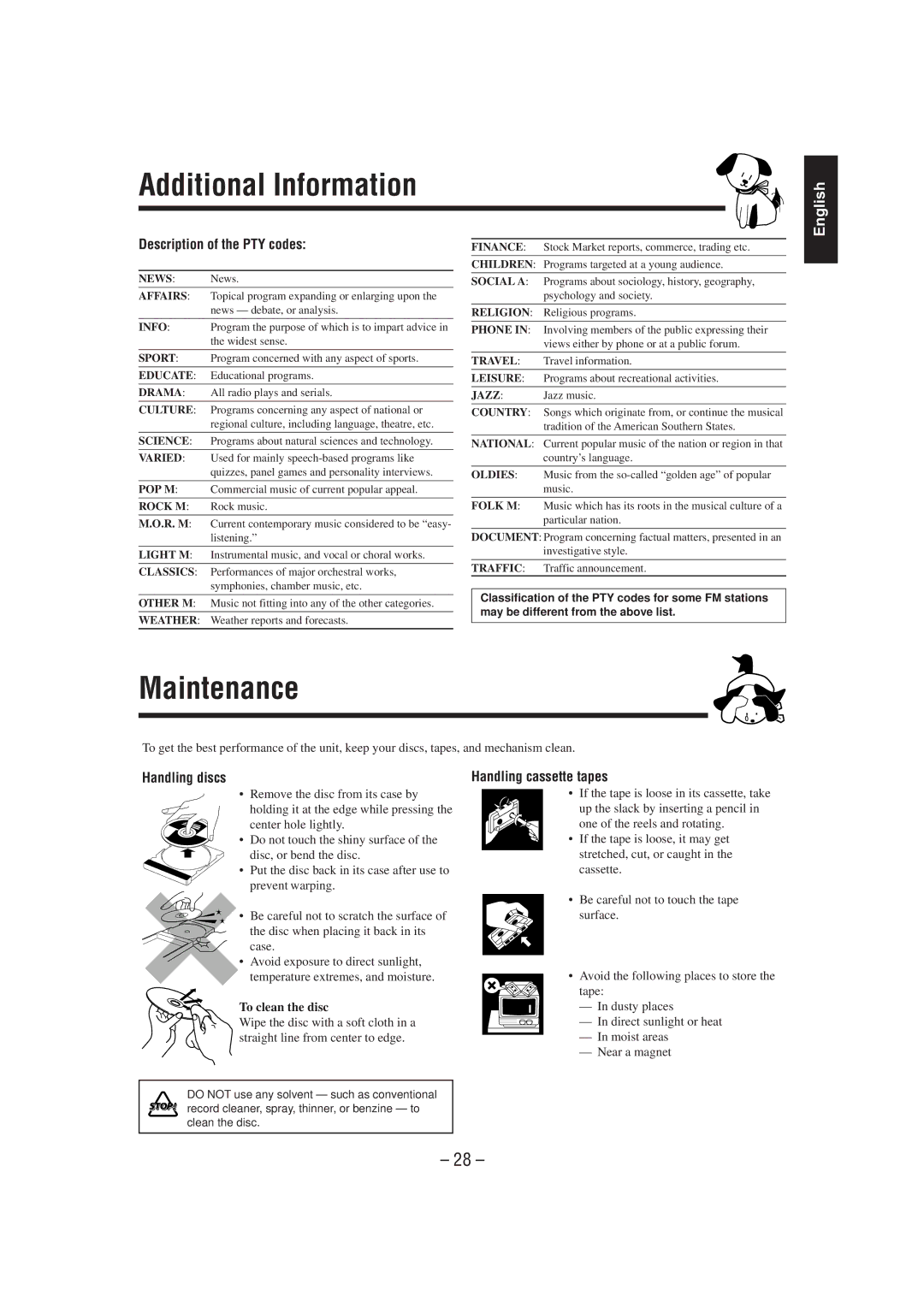 JVC CA-MXJ75R Additional Information, Maintenance, Description of the PTY codes, Handling discs, Handling cassette tapes 