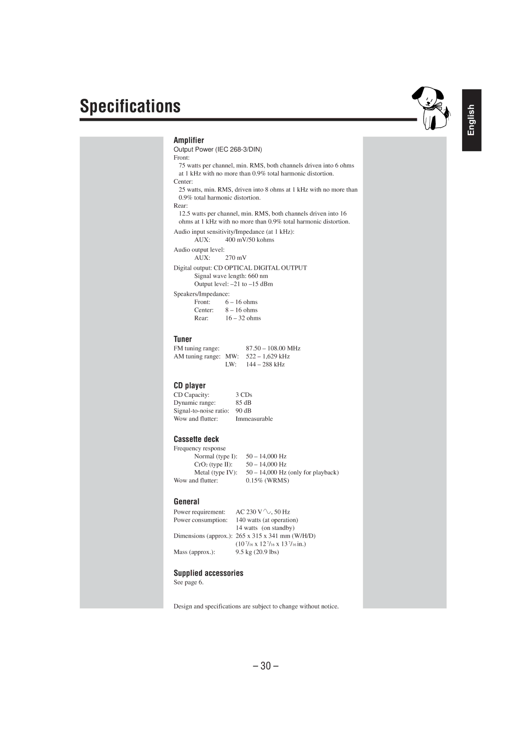 JVC CA-MXJ75R manual Specifications 