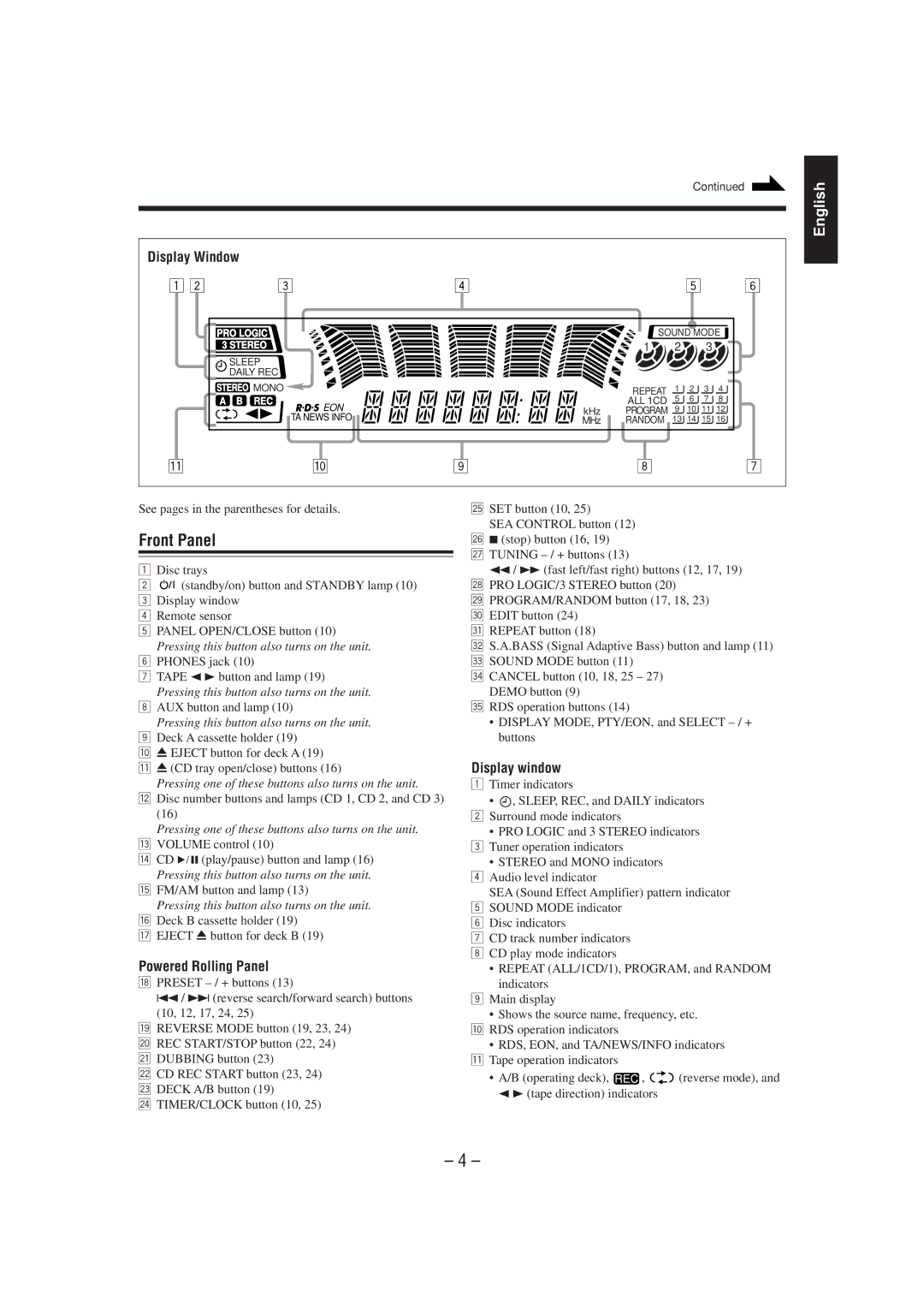 JVC CA-MXJ75R manual Front Panel, Display Window, See pages in the parentheses for details, Eject 0button for deck B 