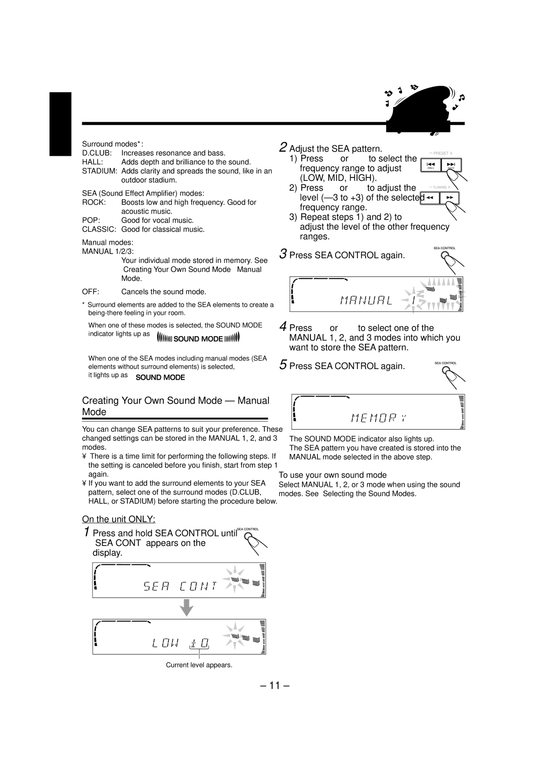 JVC CA-MXJ770V, CA-MXJ880V manual Creating Your Own Sound Mode Manual Mode, To use your own sound mode, Surround modes 