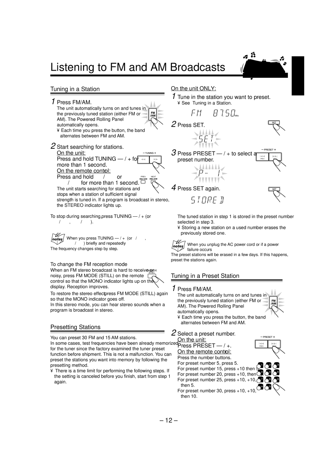 JVC CA-MXJ880V Listening to FM and AM Broadcasts, Tuning in a Station, Presetting Stations, Tuning in a Preset Station 